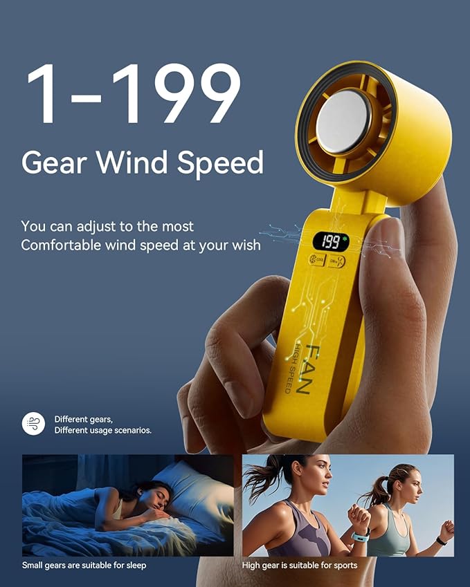 2 Pack Handheld Portable Turbo Fan with Ice Cooler, Speed (1-199) 5500mAh*2 Rechargeable Personal Fan,[20H Cooling Time] Mini Yet Powerful, Small Pocket Fans for Travel/Outdoor/Office, Yellow
