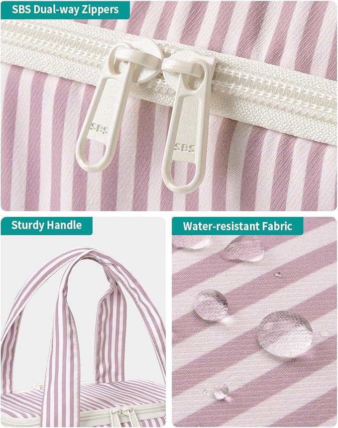Narwey Large Travel Toiletry Bag, Wide-open Travel Bag for Toiletries, Toiletry Bags for Traveling Women, Cosmetic Make Up Makeup Bag Organizer with Wet Pocket, Shower Skincare Bag (Dusty Pink Stripe)