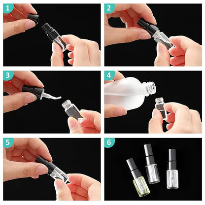Zhehao 50 Pcs Mini Spray Bottles 2 ml Clear Glass Perfume Bottles Refillable Fine Mist Perfume Atomizer Portable Empty Sample Containers for Cleaning, Essential Oils, Travel (Black Cap)