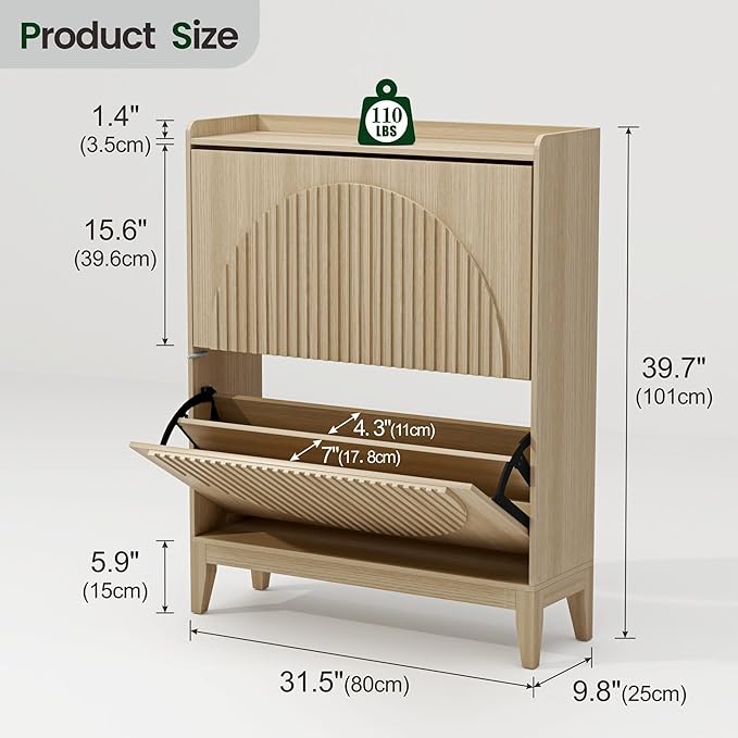 Shoe Cabinet with 2 Flip Drawers, Narrow Wooden Shoe Storage Cabinet for Entryway, Free-Standing Shoe Organizer with Rattan-Style Doors, Space-Saving Shoe Rack for Heels, Boots & Slippers(Wood Color)