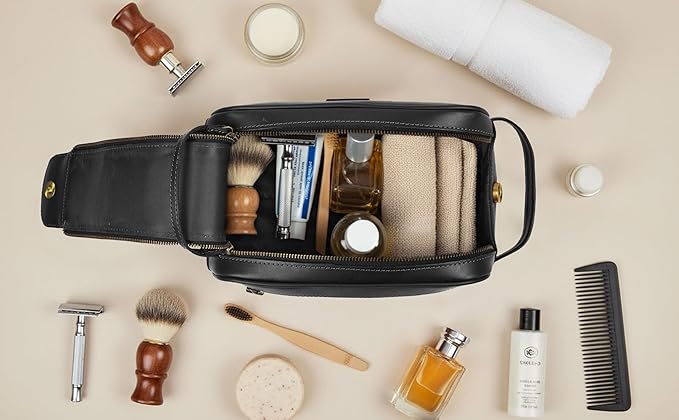 mds Genuine Leather Toiletry Bag for Men - Unisex Rustic Classic Vintage Handcrafted Full-Grain Leather Travel Dopp Kit with Waterproof Lining & Handle, Shaving & Grooming Kit Organizer Pouch - Black
