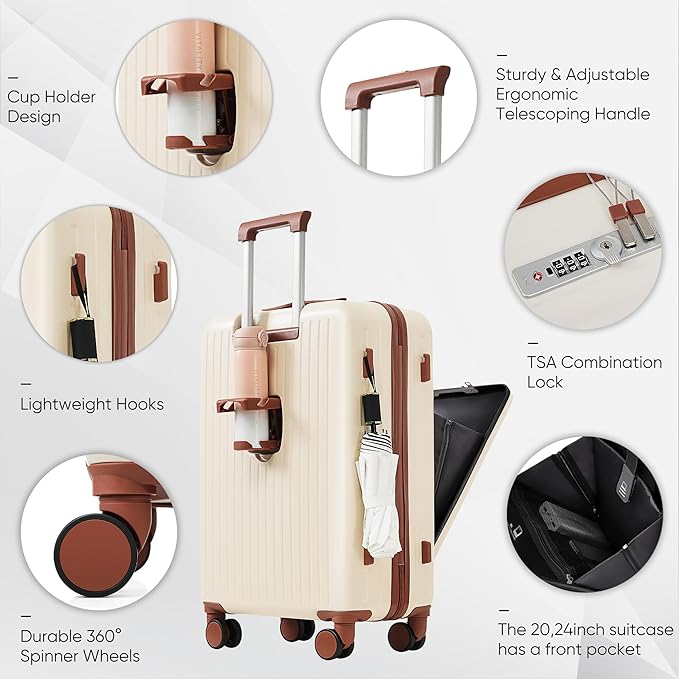Merax Front Opening 20-Inch Carry-On Luggage with Expandable Travel Bag Set, ABS Hard Shell Two-piece Suitcase Set with USB Port, Cup Holder, ABS+Ivory