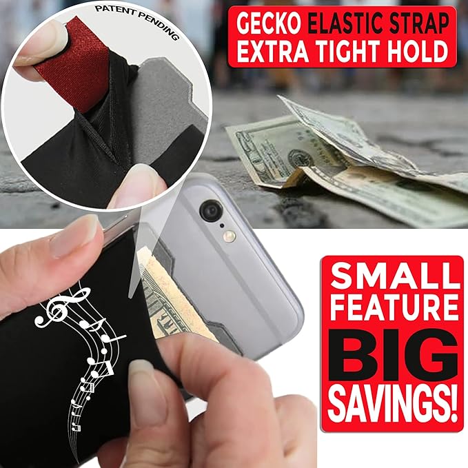 Gecko Travel Tech Double Pocket - Adhesive Card Holder - Cell Phone Pouch - Stick on Spandex Pocket - Carry Credit Cards and Cash - MUSIC