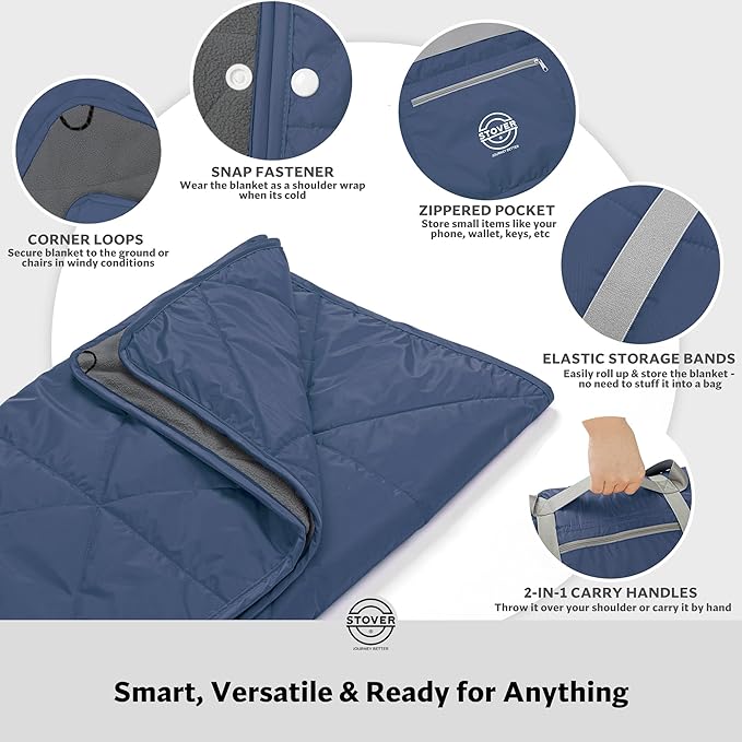 STOVER Large Waterproof Outdoor Stadium Blanket– Extra Thick Soft Fleece Camping Blanket for Travel, Picnics, Sports, Dogs– 79"x55", Warm, Windproof, Sand-Proof, Lightweight, Packable (Glacier Blue)