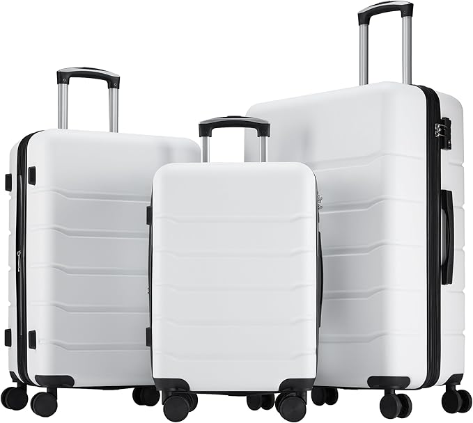 OLIXIS 3-Piece Luggage Set, 20/24/28 Inch Hardside Suitcases with Spinner Wheels, Lightweight ABS Hard Shell Travel Luggage, TSA Approved Lock, Expandable Carry-On & Checked Luggage–White