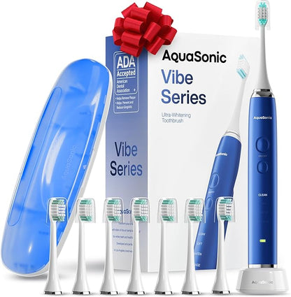 Aquasonic Vibe Series Ultra-Whitening Toothbrush – ADA Accepted Electric Toothbrush - 8 Brush Heads & Travel Case – 40,000 VPM Motor & Wireless Charging - 4 Modes w Smart Timer – Sapphire Blue