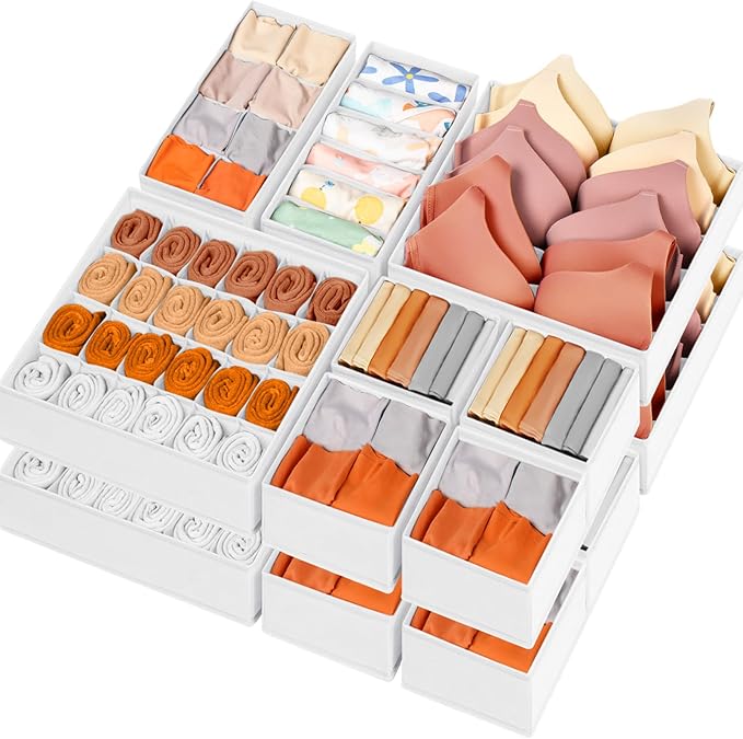 Criusia Drawer Organizer Clothes, 16 Pack Dresser Organizer Bins for Baby Clothes, Underwear Sock, Fabric Closet Organization and Storage Dividers for Nursery Bedroom (96 Compartments, White)
