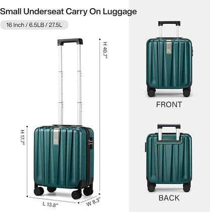 Hanke 16 Inch Underseat Carry on Luggage with Wheels,Small Hard Shell Suitcases for Weekender,Tsa Approved Lightweight Travel Luggage Suitcase for Womem Men,Blackish Green.