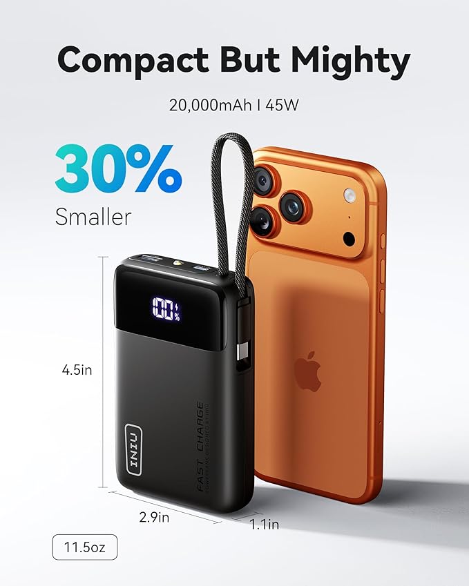 INIU 45W Portable Charger, Smallest 20000mAh Power Bank with Build in USB-C Cable, Fast Charging USB C in&Out Battery Pack, Travel Phone Charger for iPhone 17 16 15 Air Samsung S25 S24 Google iPad etc