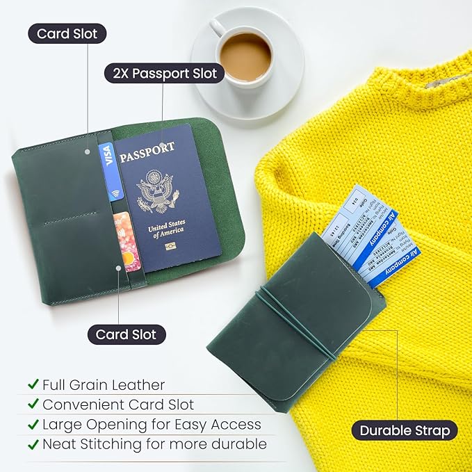 Leather Passport Holder with Travel Wallet, Genuine Leather Passport Cover- Passport Wallet, Leather Folding Wallet for Passports (Strap, Green)