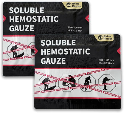 RHINO RESCUE Soluble Hemostatic Gauze Dressing 4"*35"(3ft) for Quick Clotting, Stop Bleeding Gauze for Combat, Trauma, IFAK Refill, Wound Kit, 2 Count