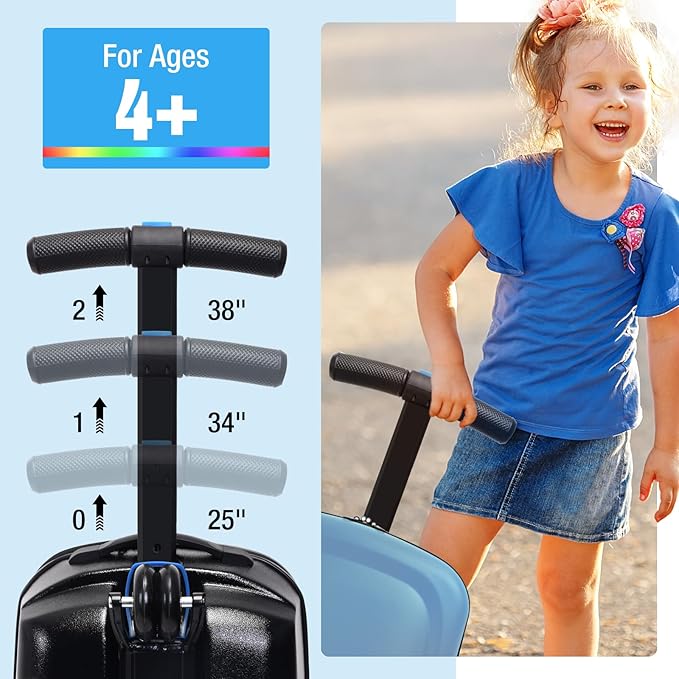 Apelila 20" Scooter Suitcase for Kids, 2-in-1 Ride On Luggage with Wheels for Boys & Girls Ages 4-15, Foldable Hardshell Carry On Lightweight Travel Suitcase for Airplane (Light Blue W/LED)
