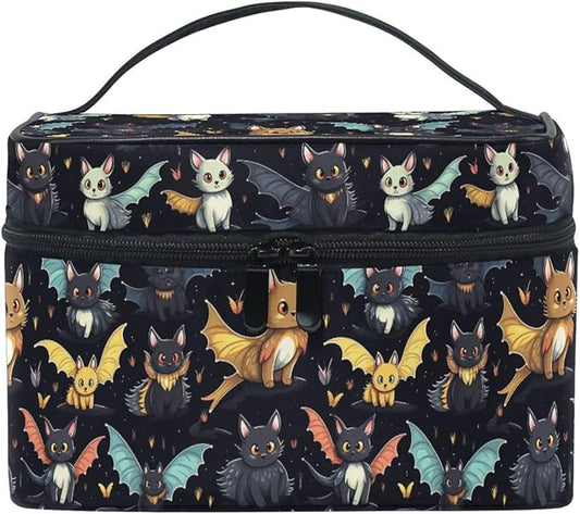 MNSRUU Makeup Bags, Gothic Skull Cat Bat Makeup Organizer Bags Toiletry Bag Box Travel Cosmetic Bag Make Up Train Case for Women Teen Girl Ladies