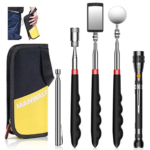 Telescoping Magnetic Pickup Tool Set with Portable Bag, Extendable Flashlight with 360° Inspection Mirror, Christmas Stocking Stuffers for Men Adults, Gifts for Men Mechanics, Handymen, Yellow