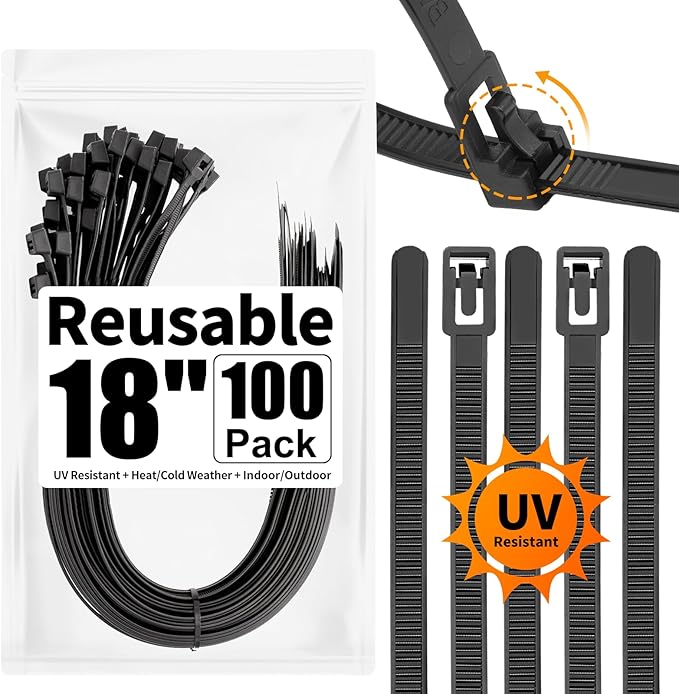 SOOOEC 100 Pack Reusable Zip Ties 18 inch Heavy Duty Outdoor UV Resistant, Releasable Black Zip Ties Heavy Duty Indoor Round Ending No Hurt, Cable Ties Reusable Tie Wraps Non Slip Off