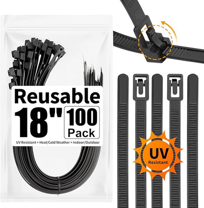 SOOOEC 100 Pack Reusable Zip Ties 18 inch Heavy Duty Outdoor UV Resistant, Releasable Black Zip Ties Heavy Duty Indoor Round Ending No Hurt, Cable Ties Reusable Tie Wraps Non Slip Off
