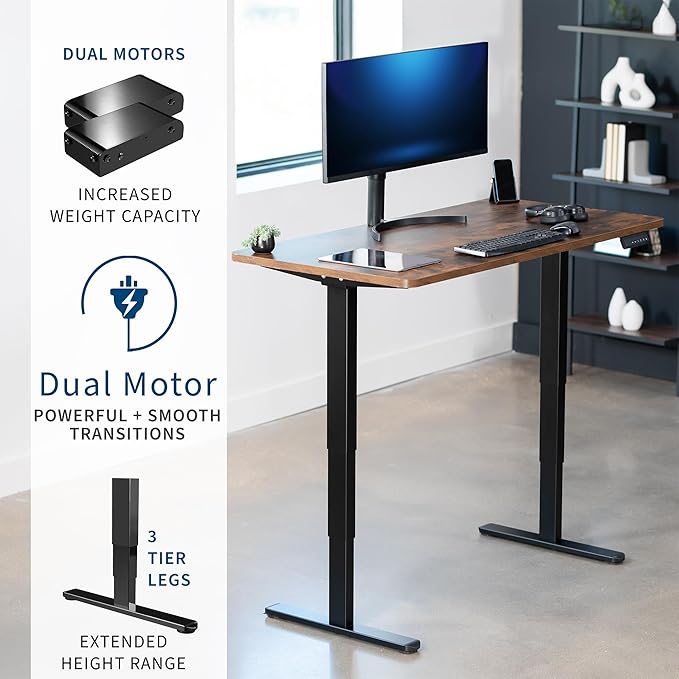 VIVO Electric 60 x 24 in Dual Motor Sit Stand Desk, Memory Height Adjustment, 2B Series, Rustic Vintage Brown Top Black Frame, DESK-KIT-2B6N