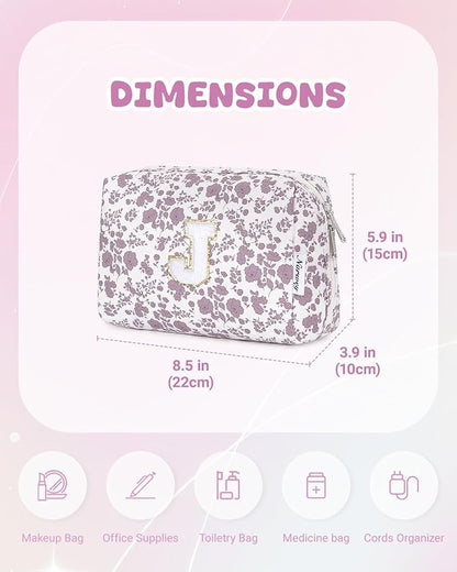 Narwey Birthday Gifts for Teen Girls Kids Women Personalized Initial Floral Makeup Bag Cute Cosmetic Trendy Stuff 6 8 10 11 12 13 14 16 18 Years Old Travel Toiletry Bag (Little Dusty Pink Flower J)