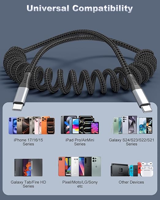 USB C to USB C Cable, 2Pack 3ft Coiled USB C Cable for Car, 60W Fast Charging, Retractable Nylon Braided USB-C Car Charger Cord for iPhone 17/16/15/Plus/Pro/Pro Max