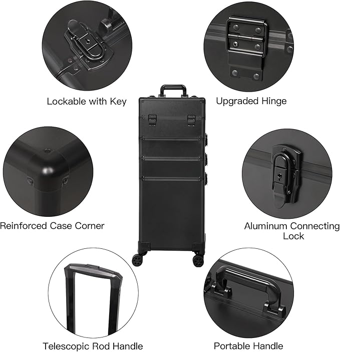 Professional Rolling Makeup Case, Cosmetology Case on Wheels 4 in 1 Large Cosmetic Train Case, Ideal Gift for Hairstylist, Nail Techs, Portable Beauty Organizer for Travel or Salon Use,Black