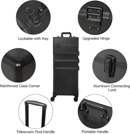 Professional Rolling Makeup Case, Cosmetology Case on Wheels 4 in 1 Large Cosmetic Train Case, Ideal Gift for Hairstylist, Nail Techs, Portable Beauty Organizer for Travel or Salon Use,Black
