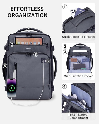 ECOHUB 17" Small Travel Backpack, United Airlines Personal Item Bag 17x10x9 with 16 Pockets, Water Resistant Rucksacks Fit 15.6" Laptop, AirTag Pocket, Lightweight Casual Daypack, 25L, Grey Green