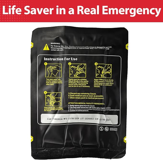 Quick Blood Clotting Emergency Gauze 3" x 145" (2 Pack)- Sterile Hemostatic Z-Folded Compressed Gauze 6-Ply (2 Pack) for First Aid, Combat, Survival, IFAK Trauma Kit Supplies Refill (STAMEN) ﻿