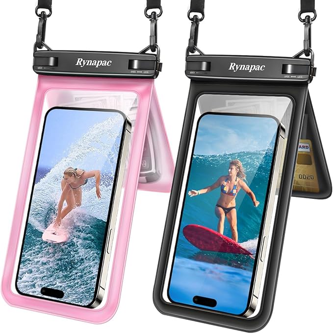 Waterproof Phone Pouch, [Up to 8.5''] Double Space Waterproof Phone Case with Lanyard for iPhone 17 16 15 Pro Max Galaxy S25 Ultra, Cellphone Dry Bag for Beach Vacation, 2 Pack (Black & Pink)