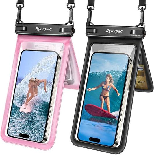Waterproof Phone Pouch, [Up to 8.5''] Double Space Waterproof Phone Case with Lanyard for iPhone 17 16 15 Pro Max Galaxy S25 Ultra, Cellphone Dry Bag for Beach Vacation, 2 Pack (Black & Pink)