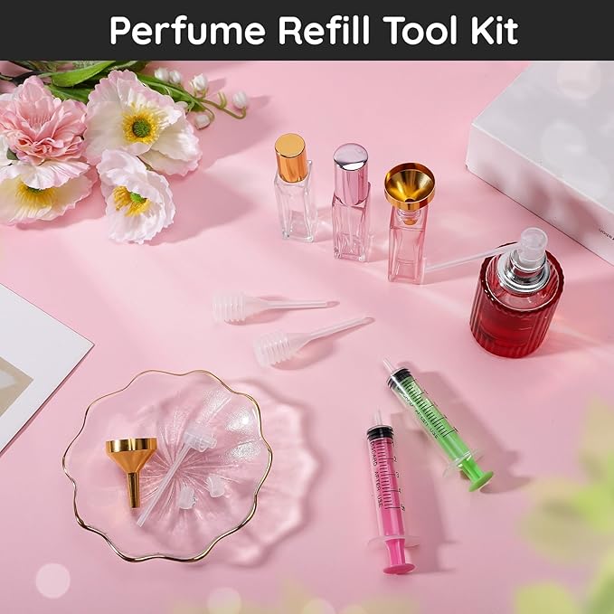 Segbeauty 8pcs 5ml DIY Perfume Making Kit, Plastic Pink Green Tiny Perfume Funnel Dispenser Transfer Pump Tool Set 0.17oz, Decants for Perfumes Refill Kit Supplies for Travel Cologne Spray Bottle