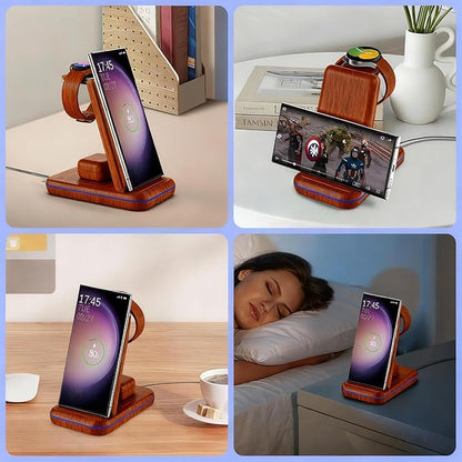 Wireless Charging Station for Samsung/Android, Fast Wireless Watch Charger Station Compatible for Samsung Galaxy S25 Ultra/S24/S23+/Z Flip 7/6 Fold 7/6, Watch8/7/Pro/Active 2 Galaxy Buds3/2 Pro(Wood)