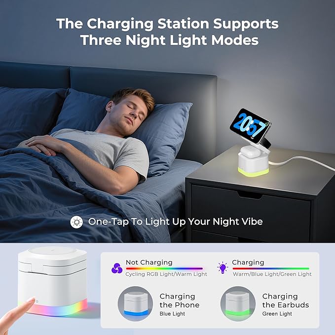 5 in 1 Wireless Charger, Foldable Wireless Charging Station with Night Light for Apple Magnetic Charger, Retractable Cable Travel Charger Stand for iPhone 17/16/15/14/13/12, Apple Watch, AirPods Pro 3