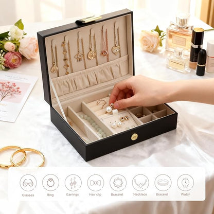 Jewelry Box Travel Jewelry Organizer Case for Women Portable Storage for Earrings, Necklaces, Rings, Bracelets Gift Box Black