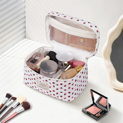 Large Makeup Bag, Cute Cosmetic Bag for Women Girls, Floral Coquette Aesthetic Toiletry Bag, Travel Make Up Organizer Bag (Strawberry)