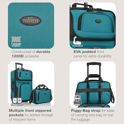 U.S. Traveler Rio Lightweight Softside Rolling Carry-on Suitcase, 2-Wheel Set, Teal