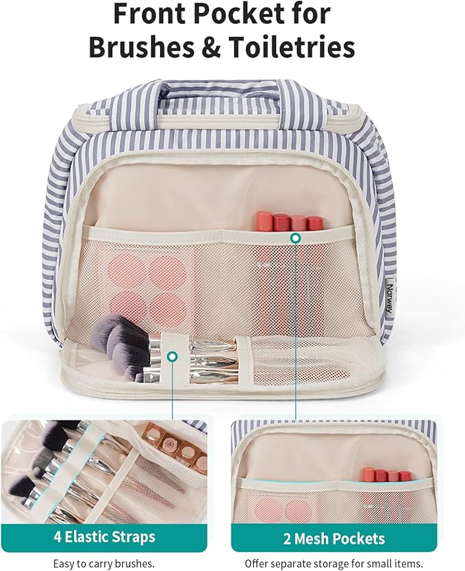Narwey Large Travel Toiletry Bag, Wide-open Travel Bag for Toiletries, Toiletry Bags for Traveling Women, Cosmetic Make Up Makeup Bag Organizer with Wet Pocket, Skincare Bag (Greyish Blue Stripe)
