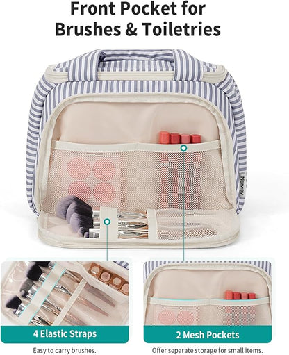Narwey Large Travel Toiletry Bag, Wide-open Travel Bag for Toiletries, Toiletry Bags for Traveling Women, Cosmetic Make Up Makeup Bag Organizer with Wet Pocket, Skincare Bag (Greyish Blue Stripe)