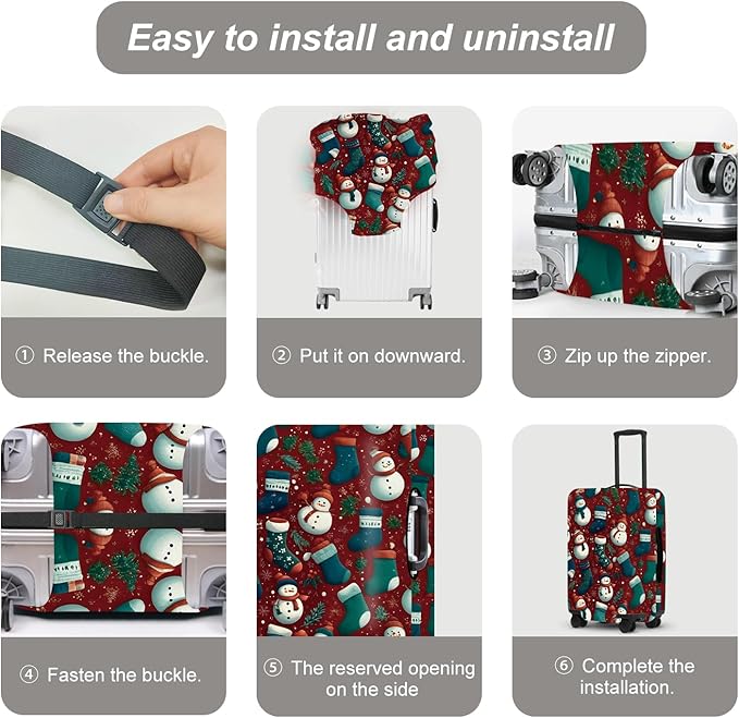 Christmas Luggage Cover - Allover Green Socks and White Snowmen Pattern on Dark Background, Stretchable Suitcase Protector for 24 26 Inch Travel Bags