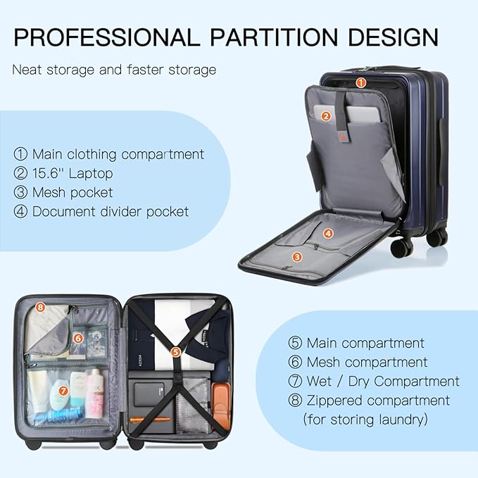 Carry On Luggage Airline Approved, 20 Inch Expandable PC Hardside Lightweight Suitcases with Spinner Wheels and TSA Lock (Dark Blue, 20 Inch)