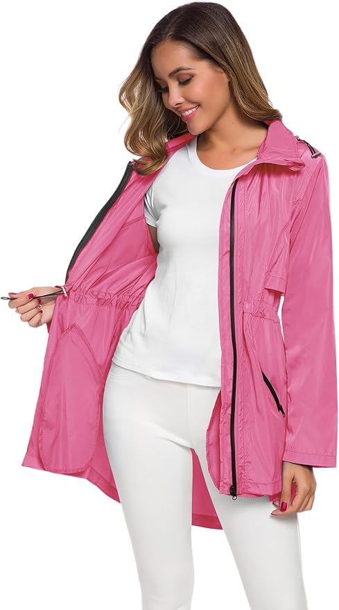 Avoogue Women's Long Raincoat with Hood Outdoor Lightweight Windbreaker Rain Jacket Waterproof