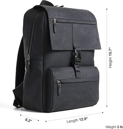 Leather Backpack for Men & Women, Classic Black - Handcrafted Top Grain Leather vintage backpack with 17-Inch Laptop Sleeve - Lightweight, Stylish & Durable for Business, Travel, Work & Everyday Use