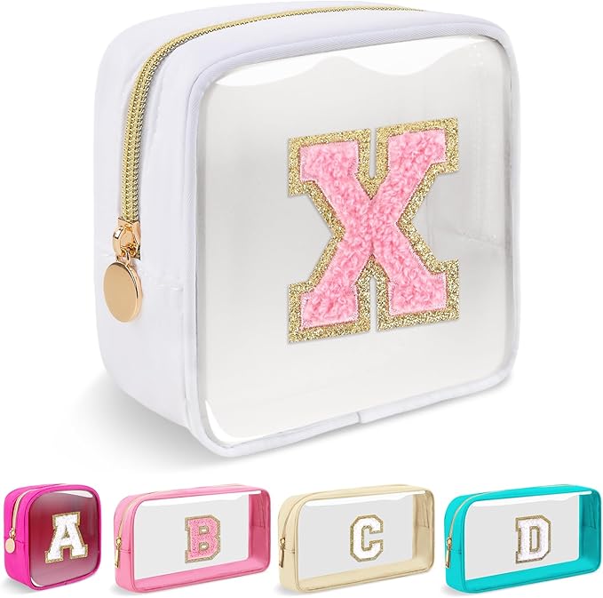 Iqimott Mini Clear Personalized Initial Makeup Bag, Small Preppy A-Z Chenille Letter Patch Cosmetic Pouch, Transparent PVC & Nylon Waterproof Zip Beach Toiletry Bag,Gift for Women Girls(White-Pink X)