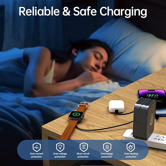 Retractable Apple Watch Charger, 5 in 1 Travel Charging Station for Apple Devices, Retractable Chargers for Multiple Devices with Multi Charging Cable, Charger Block for Apple Gear (Black)