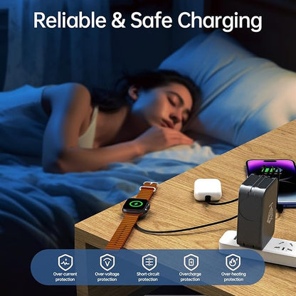Retractable Apple Watch Charger, 5 in 1 Travel Charging Station for Apple Devices, Retractable Chargers for Multiple Devices with Multi Charging Cable, Charger Block for Apple Gear (Black)