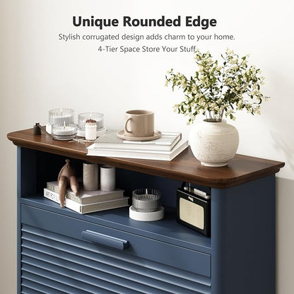 Fluted Shoe Cabinet for Entryway, Modern Shoe Storage Organizer with 2 Flip-Down Drawers & Adjustable Shelves, Hidden Narrow Slim Shoe Rack for Hallway, Mid-Century Modern Furniture, Dark Navy Blue