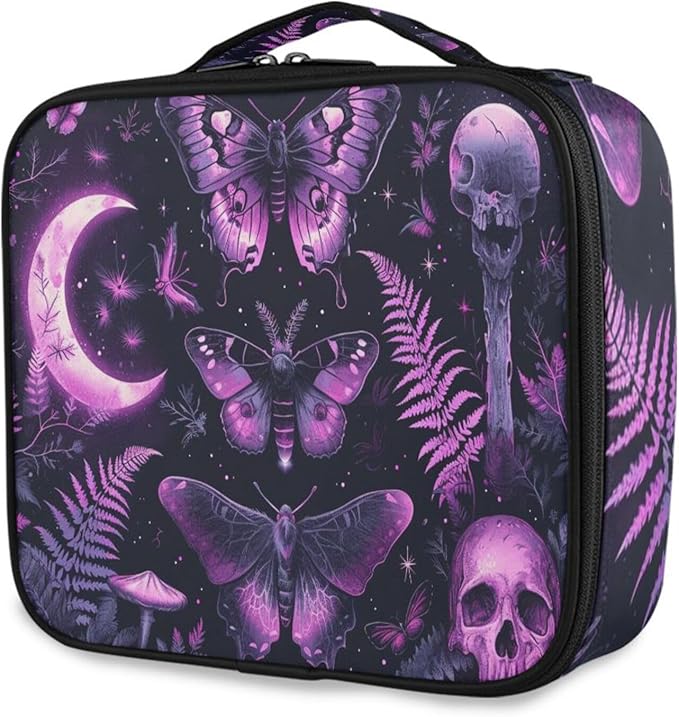 MNSRUU Travel Makeup Bag, Gothic Skull Butterfly Women Makeup Case Organizer Cosmetic Toiletry Bag for Teenage Girl with Adjustable Dividers