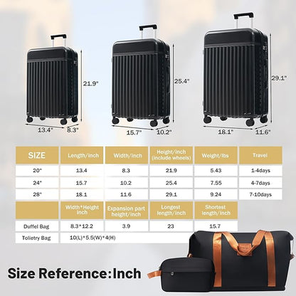 Merax Luggage Sets 5 Piece,Hardshell Expandable Suitcase with Spinner Wheels and Travel Bags,Lightweight Carry on Luggage,20/24/28IN,Black