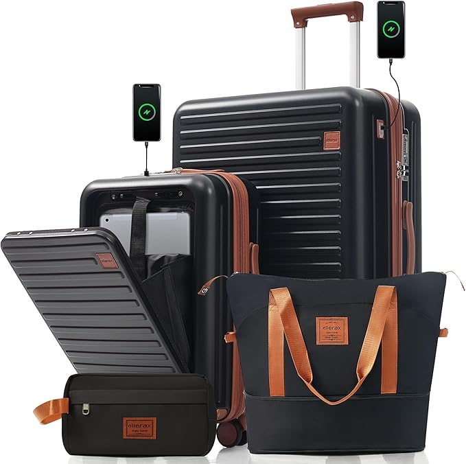 Merax 4-Piece Luggage Sets with USB Charging Ports 20/28Inch Checked Suitcase with TSA Lock Travel Duffel Bag Wet-Dry Toiletry Bag, black and brown
