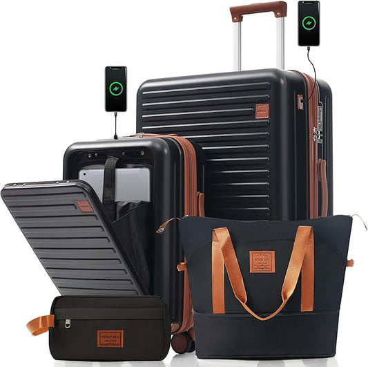 Merax 4-Piece Luggage Sets with USB Charging Ports 20/28Inch Checked Suitcase with TSA Lock Travel Duffel Bag Wet-Dry Toiletry Bag, black and brown