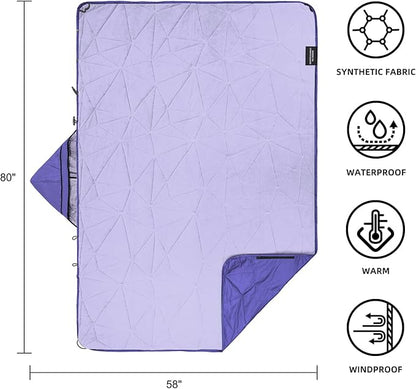 Outdoor Waterproof Blanket, Foldable Fleece Stadium Blanket for Outdoor Sports Event, Camping, Car, Pet, Picnics - Windproof, Wearable, Machine Washable 80" x 58" (Purple,Hooded)